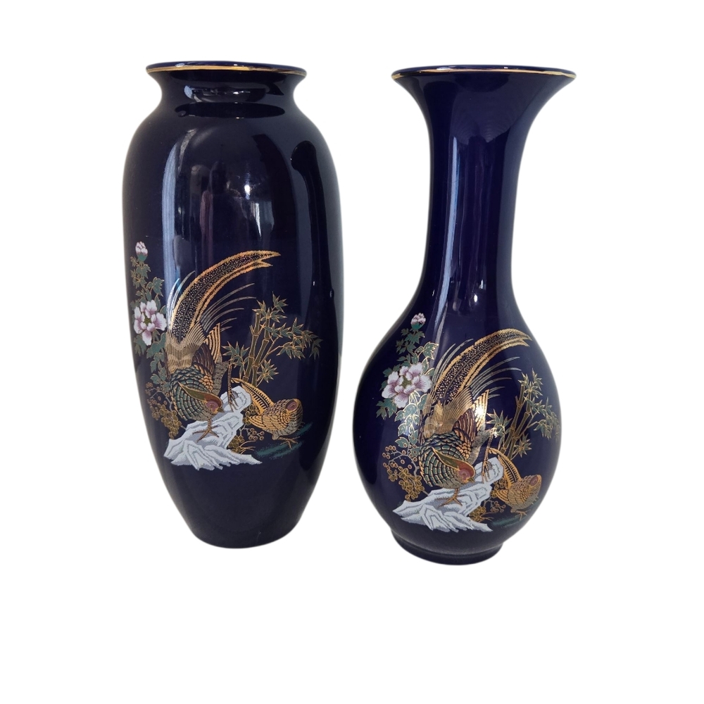 Oriental Colbalt Blue and Gold Decorative Vases Japanese Pheasant Birds
